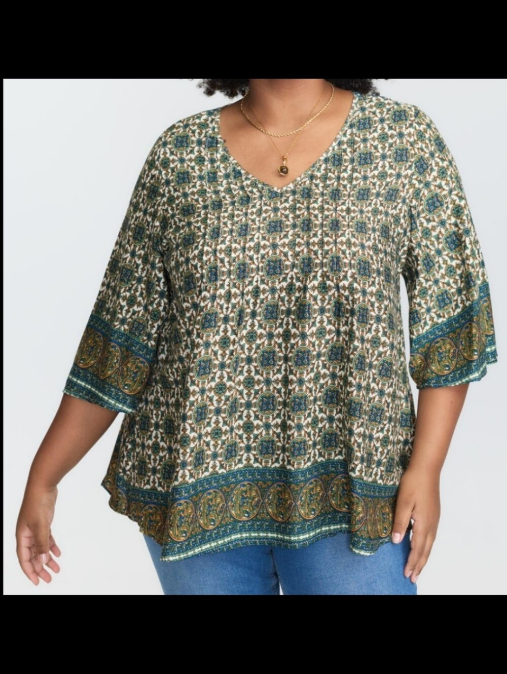 Bloomchic Pin-Tuck Pleat Ornate Print Relaxed Fit Boho Blouse Size 18-20